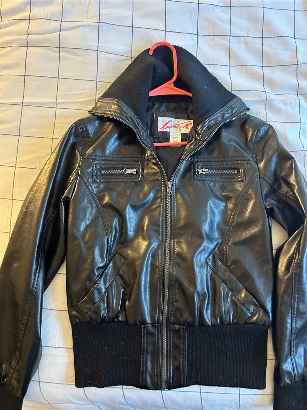 Lipstick Vintage Y2K Faux Leather Bomber Jacket black Funnel Neck Size
